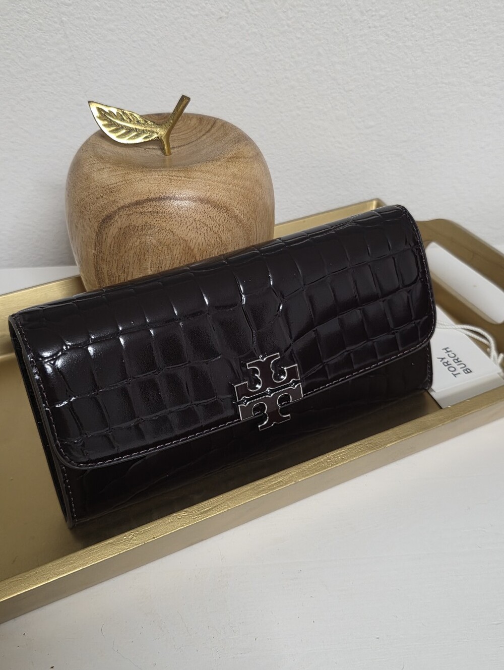 Tory Burch Coffee Croc-Embossed Continental Clutch Wallet